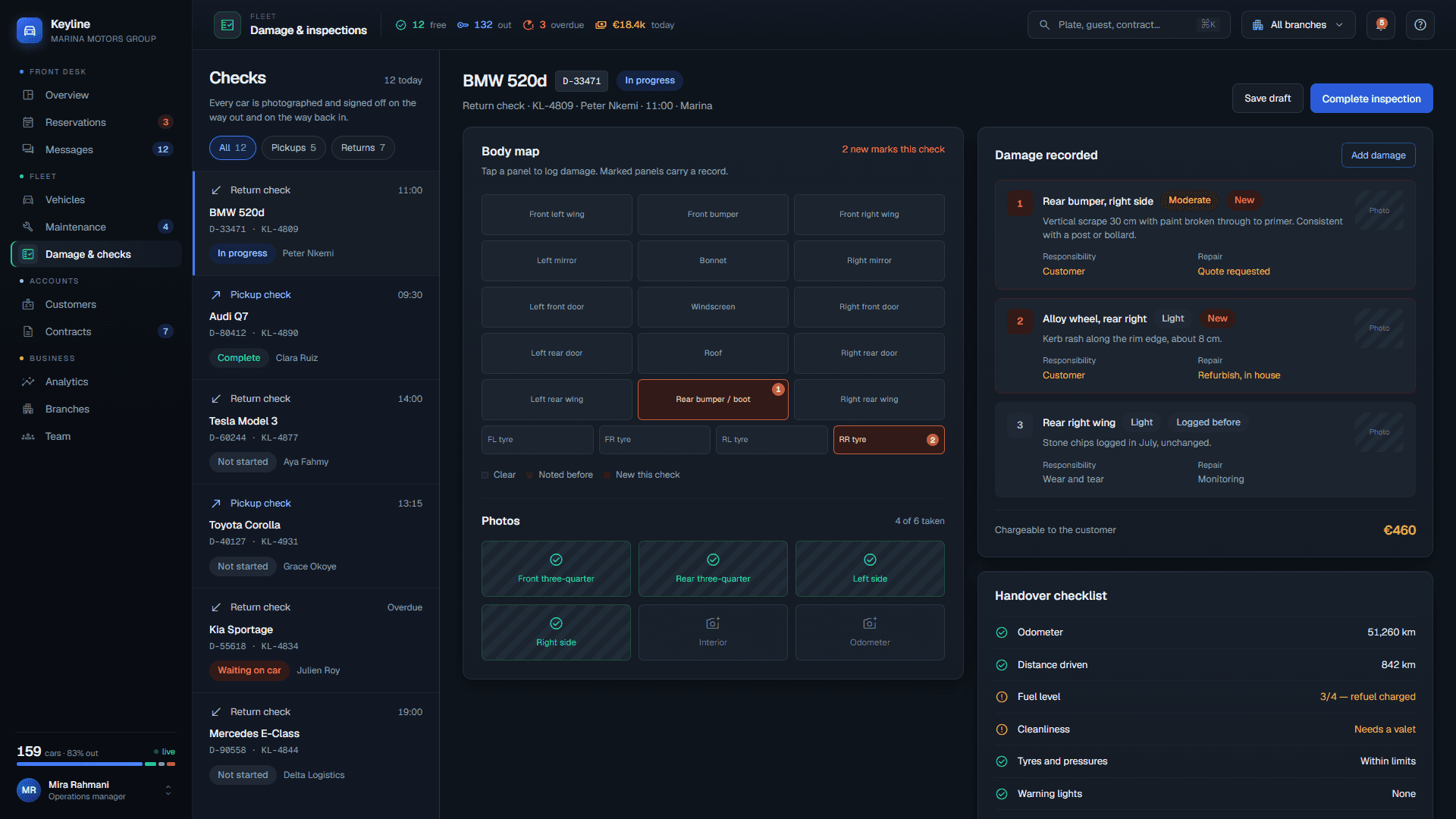 Pickup and return inspection workflow with a clickable vehicle body-map for logging damage and a handover checklist.