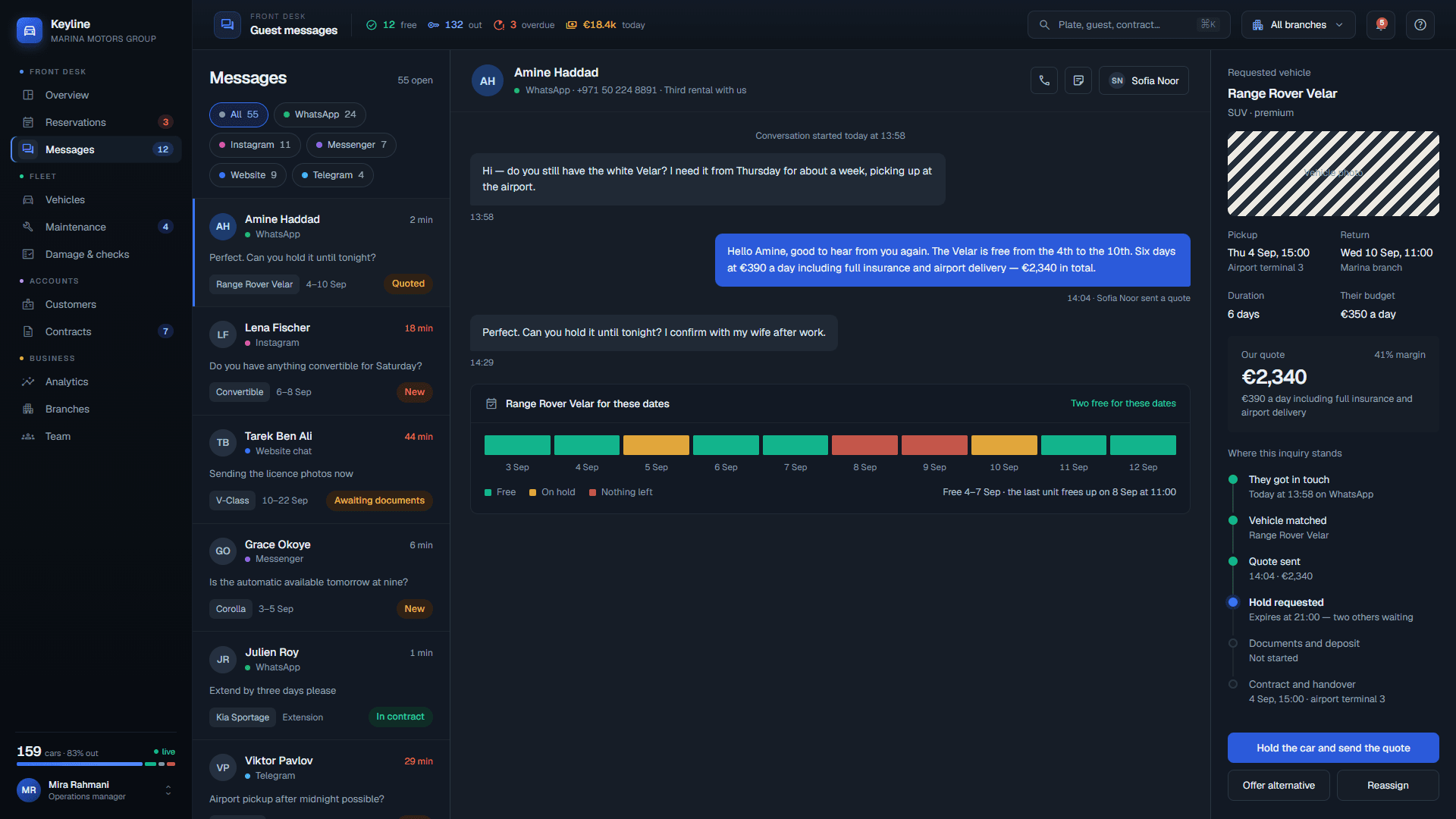 Unified guest inbox merging WhatsApp, Instagram, Messenger and website chat with a booking-progress tracker.