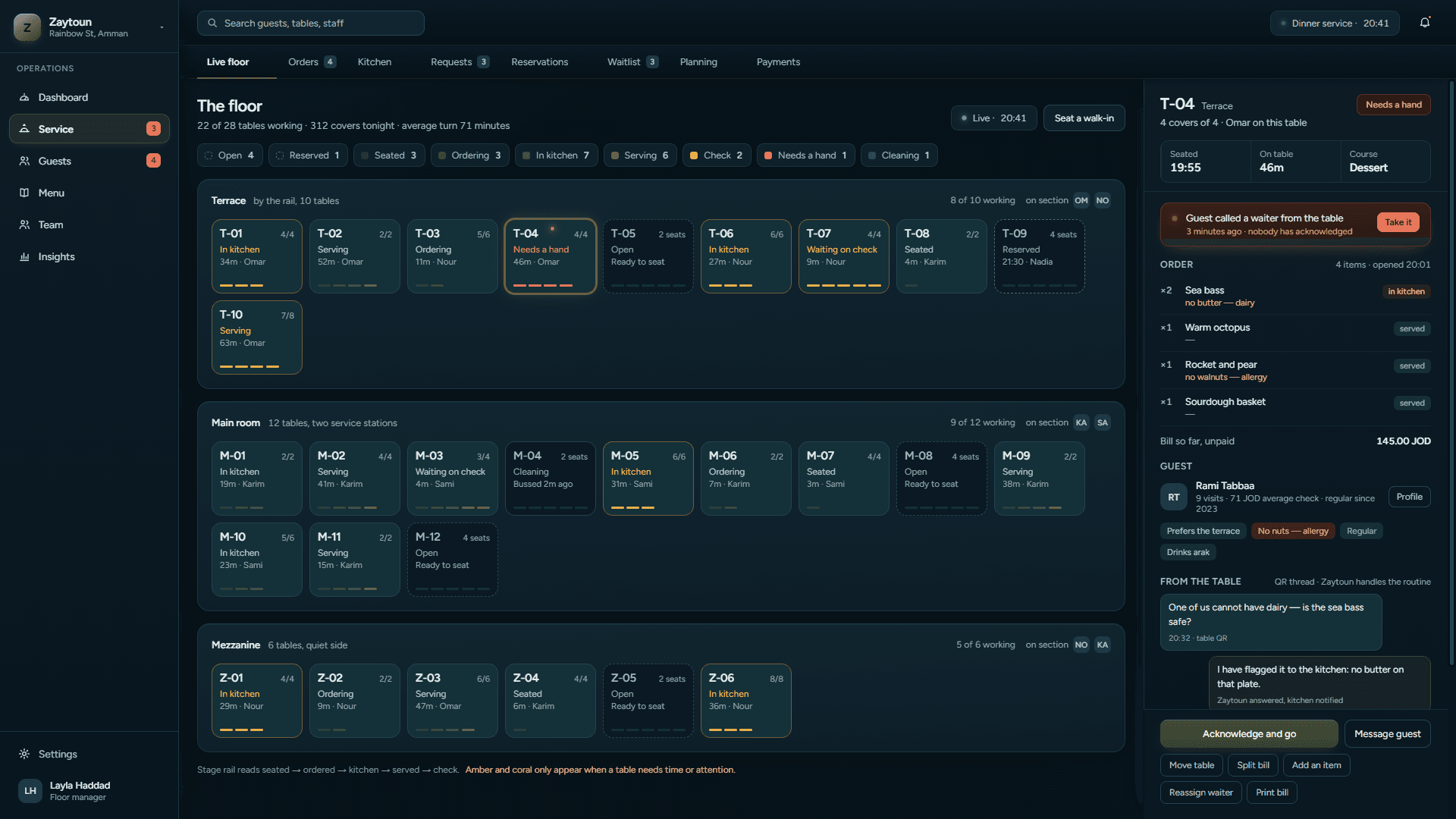 Restaurant real-time table map by section showing table status, server, and time elapsed.