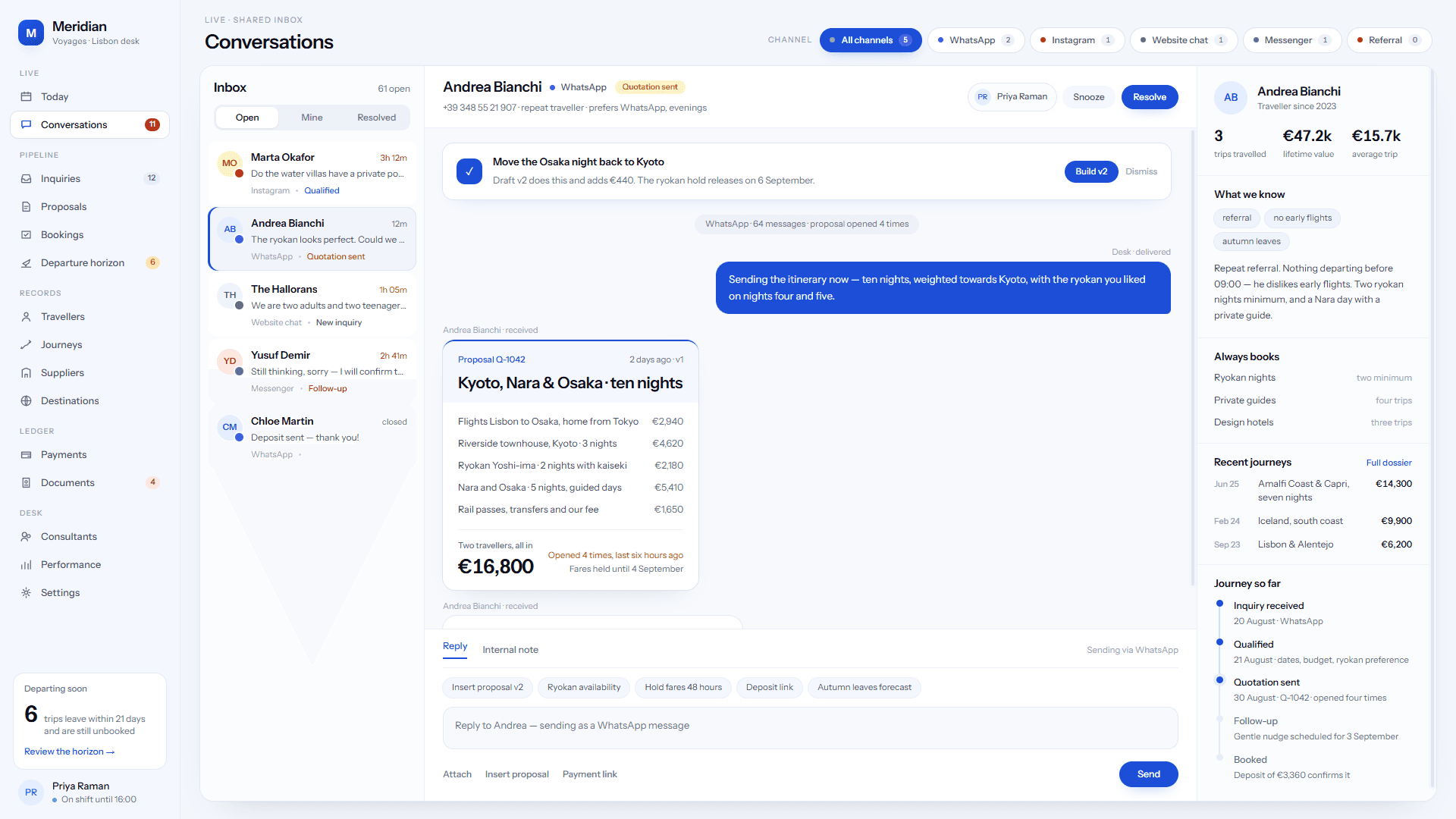 Travel agency unified inbox merging WhatsApp, Instagram, website chat and Messenger into one thread.